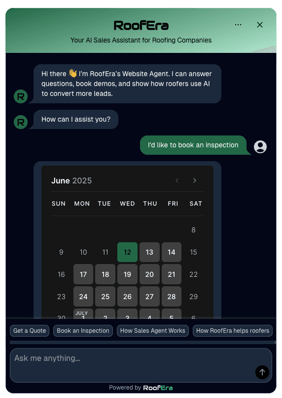 RoofEra booking interface showing calendar for scheduling inspections